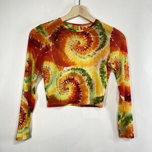 Tie Dye Mesh Sheer Festival Womens Long Sleeve Top Cropped Art To Wear Colorful